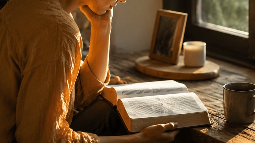 Mulher de coque lê um livro aberto numa mesa de madeira perto da janela.
