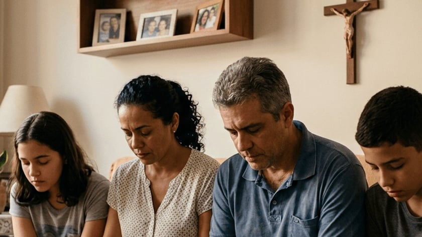Família de quatro pessoas sentada no sofá, de mãos dadas e cabeças baixas, rezando na sala.