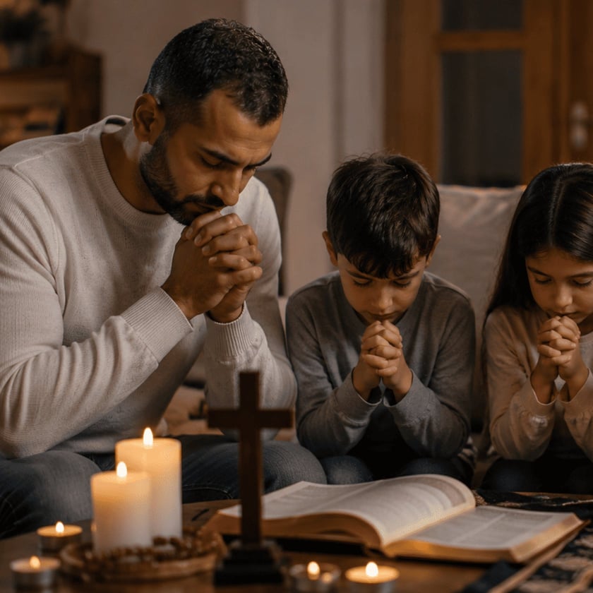 Homem, menino e menina rezam de mãos juntas diante de uma cruz, velas e Bíblia.