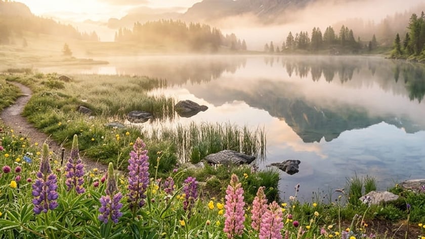 Lago cercado por montanhas e pinheiros com névoa, e flores silvestres coloridas em primeiro plano.