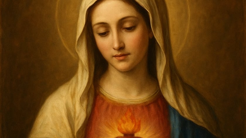 Mulher de véu claro e manto azul, com halo, mão sobre coração flamejante coroado de espinhos.