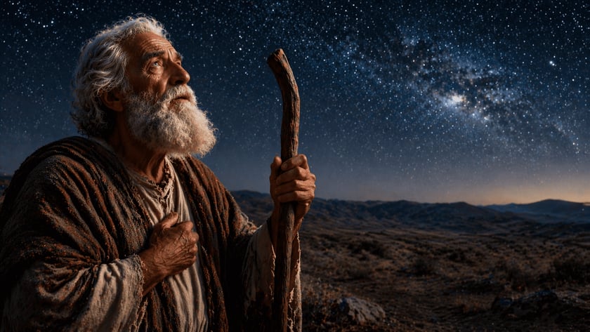 Homem idoso de barba branca segura um cajado e olha o céu estrelado.