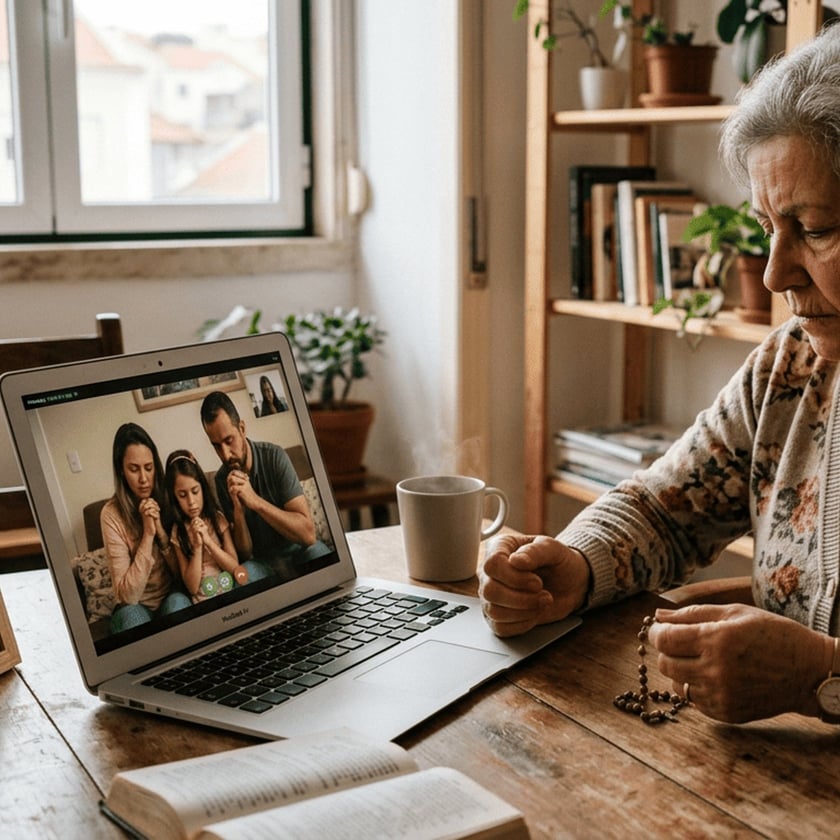 Idosa segura um terço diante de um notebook que mostra uma família rezando.