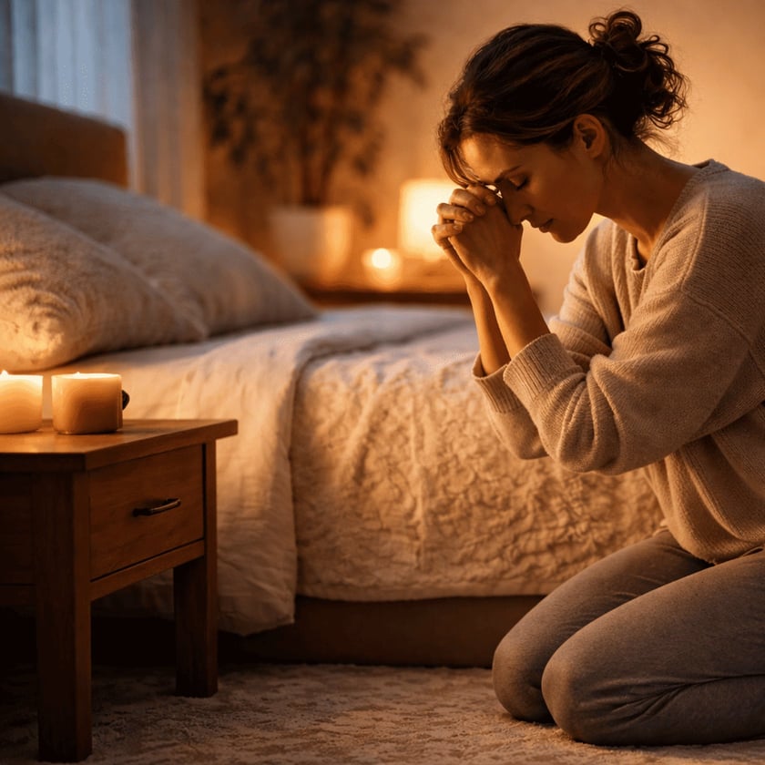 Mulher ajoelhada ao lado da cama, de olhos fechados e mãos unidas junto à testa.