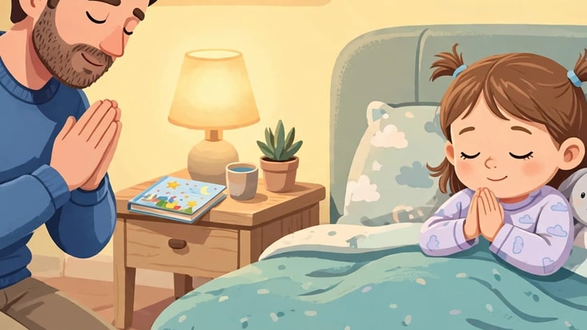 Pai ajoelhado e menina deitada na cama rezam de mãos juntas no quarto.