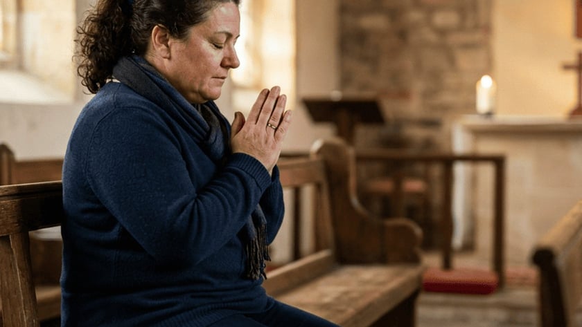 Mulher de suéter azul reza com as mãos juntas em um banco de igreja antiga.