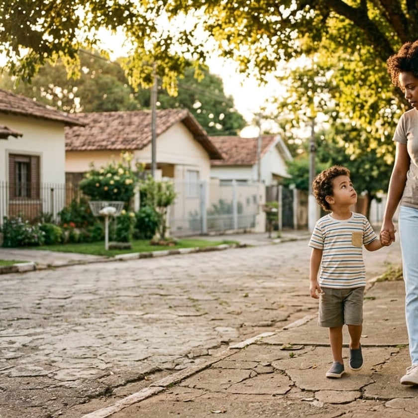 Mulher e menino de mãos dadas caminhando por uma calçada em rua de paralelepípedos.
