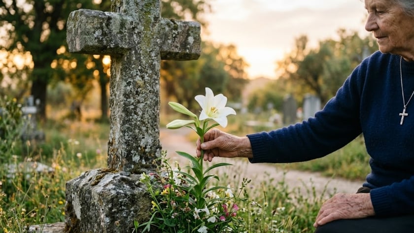 Mão idosa segura um lírio branco ao lado de uma cruz de pedra em um cemitério.