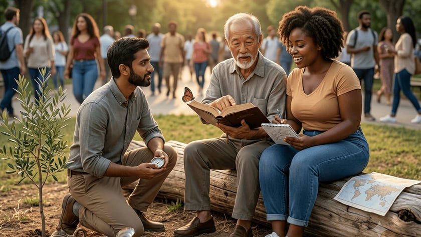 Três pessoas conversam sobre um livro aberto num tronco, em um parque movimentado.