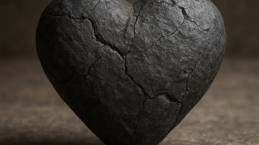 Coração de pedra escura e rachada sobre uma superfície marrom.