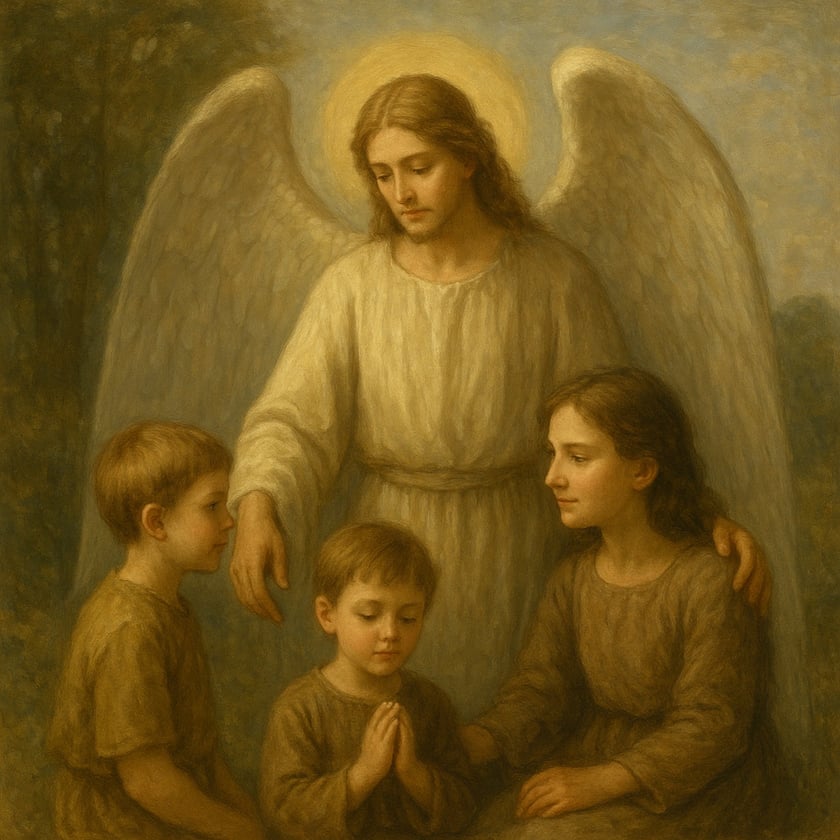 Anjo alado com auréola ampara três crianças, uma delas rezando, ao ar livre.