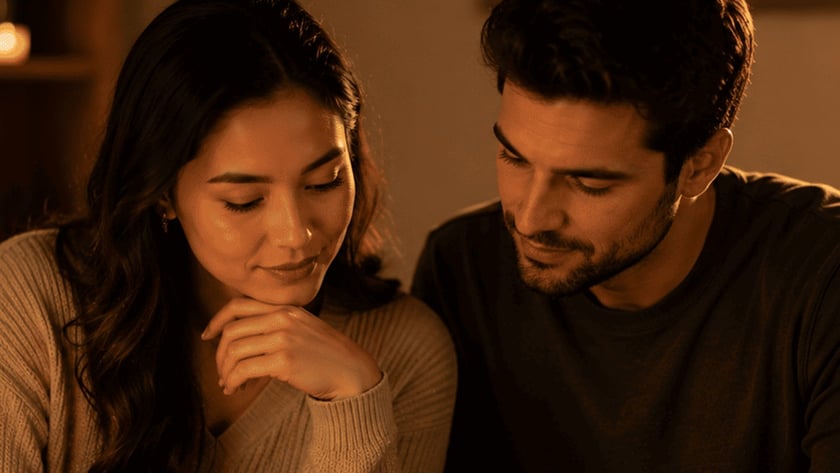 Casal lê junto uma Bíblia aberta sobre a mesa, perto de uma vela acesa.