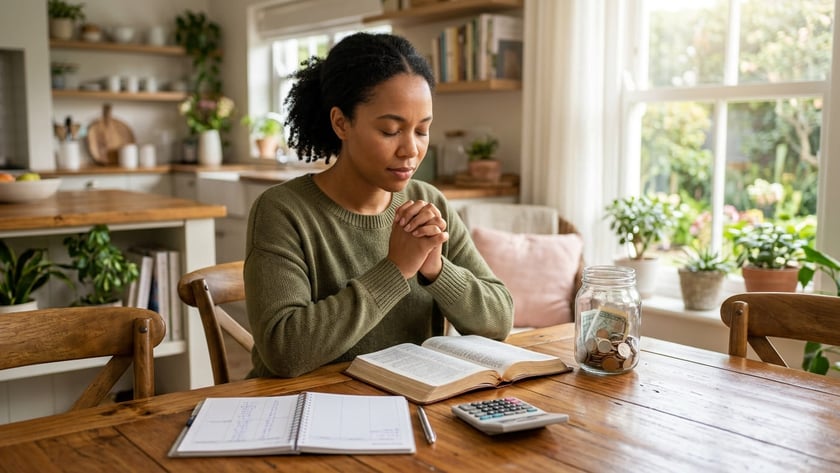Mulher de olhos fechados e mãos juntas à mesa, com Bíblia, caderno, calculadora e pote de moedas.