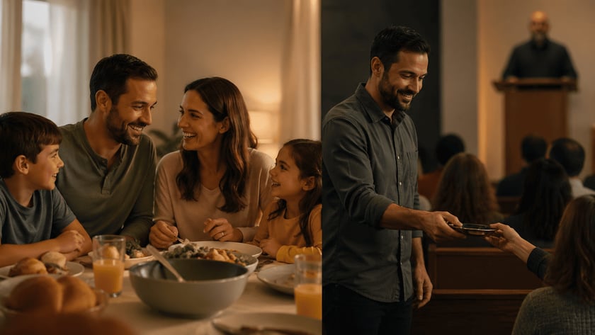 Família com pai, mãe e dois filhos sorrindo à mesa durante uma refeição.