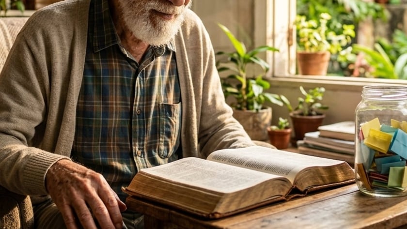 Idoso de barba branca lê um livro grosso em uma mesa de madeira perto da janela.