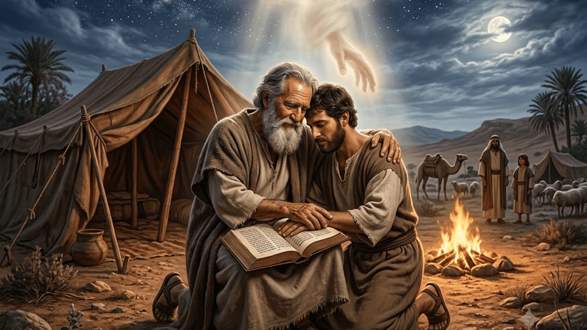 Homem idoso de barba branca abraça um jovem ajoelhado, com livro aberto, em acampamento no deserto.