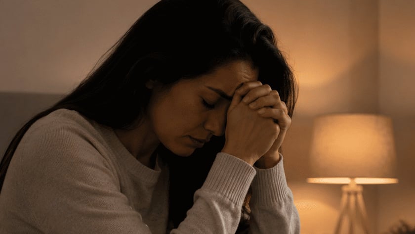 Mulher de cabelo escuro sentada na cama, com o rosto apoiado nas mãos unidas.