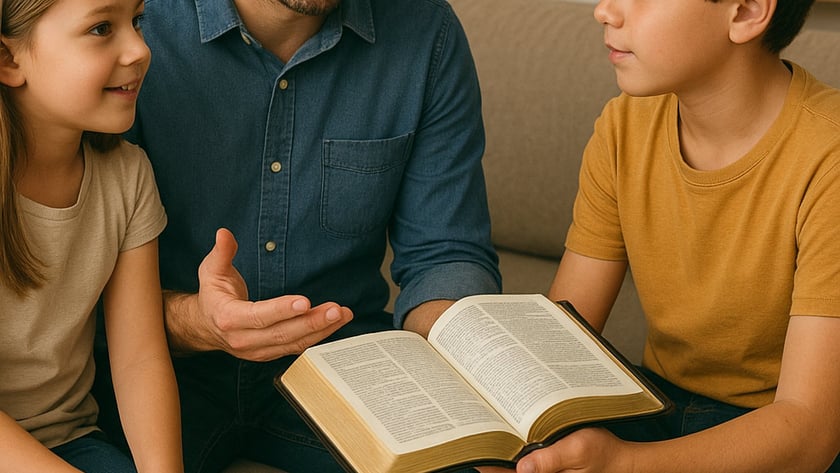 Homem fala com menina e menino segurando livro aberto, no sofá "ChatGPT"