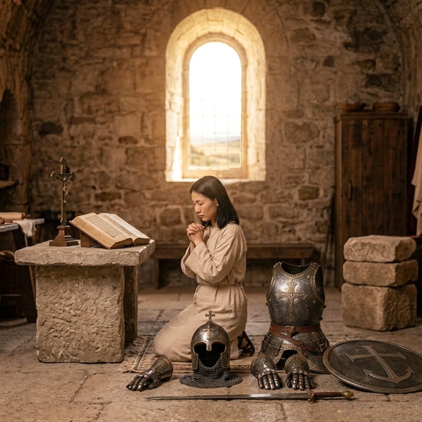 Mulher de túnica ajoelhada reza diante de um altar de pedra, ao lado de armadura medieval.