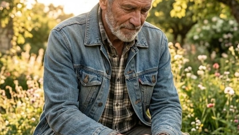 Homem grisalho de jaqueta jeans, sentado num muro de pedra em um jardim florido.