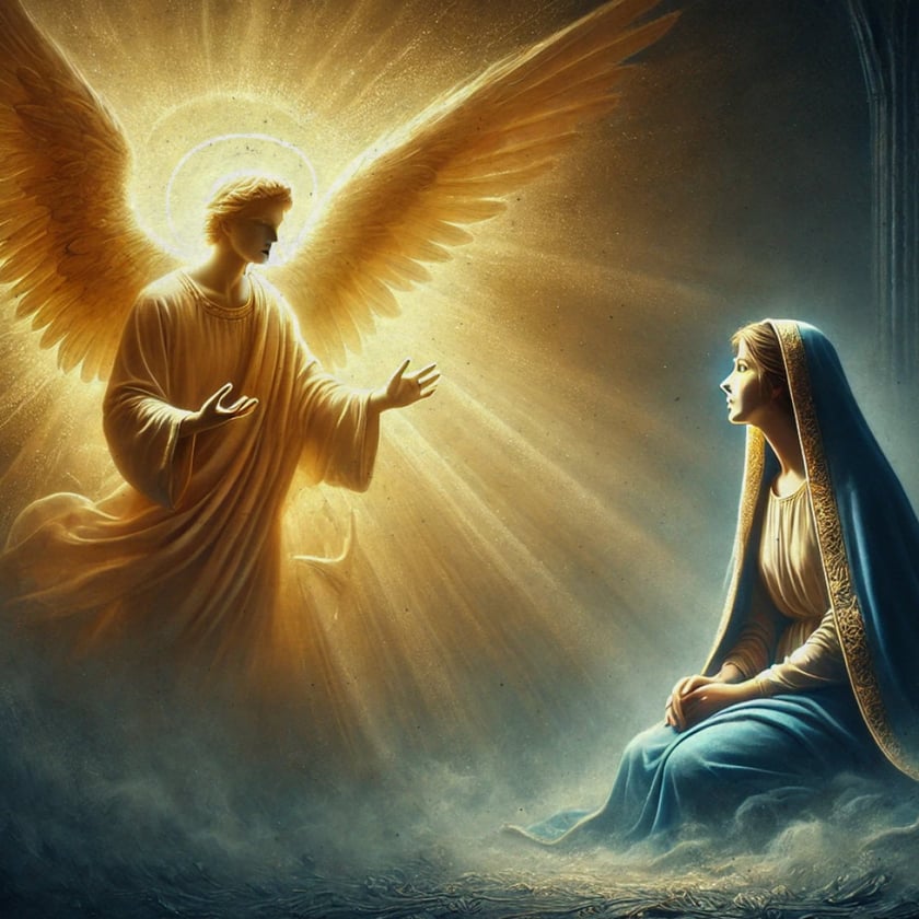 Anjo dourado de asas abertas estende as mãos a uma mulher de manto azul sentada.