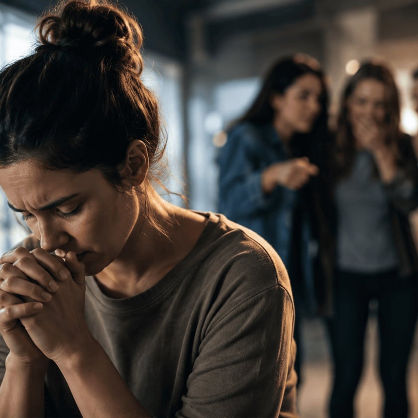Mulher de coque, de olhos fechados e mãos juntas, enquanto duas mulheres ao fundo cochicham.