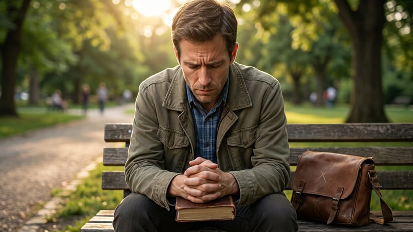 Homem sentado em um banco de parque, de olhos fechados, mãos unidas sobre um livro.