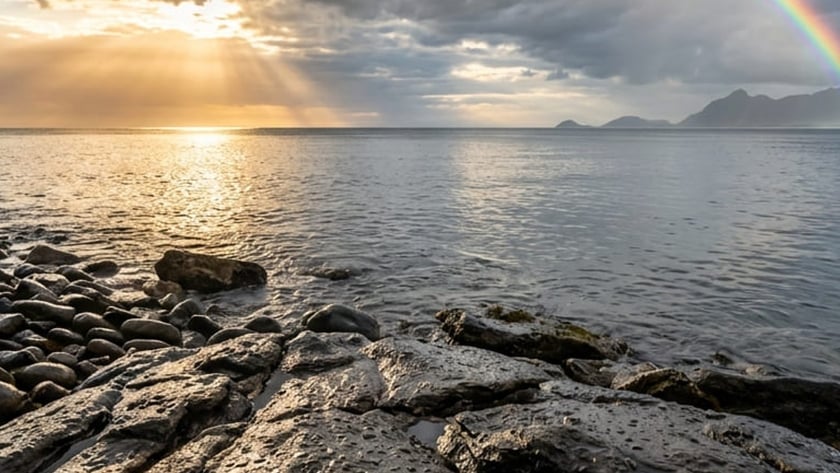 Arco-íris sob nuvens escuras sobre o mar e uma costa de pedras arredondadas.