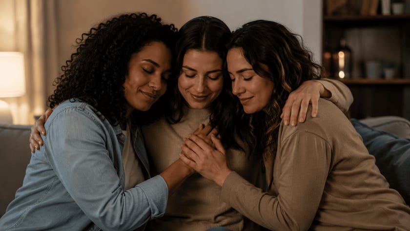 Três mulheres abraçadas com as cabeças encostadas e as mãos unidas sobre o peito da do meio.