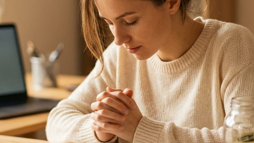 Mulher de olhos fechados e mãos postas sobre uma Bíblia aberta, em uma mesa de madeira.