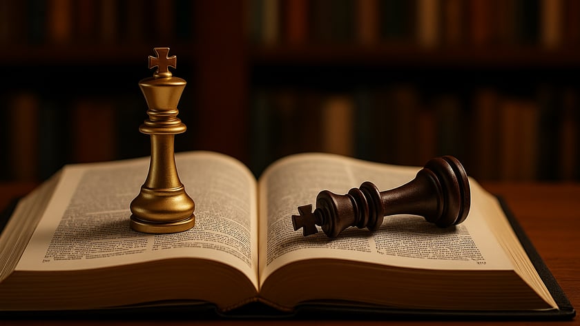 Rei de xadrez dourado em pé e rei marrom caído sobre um livro aberto.