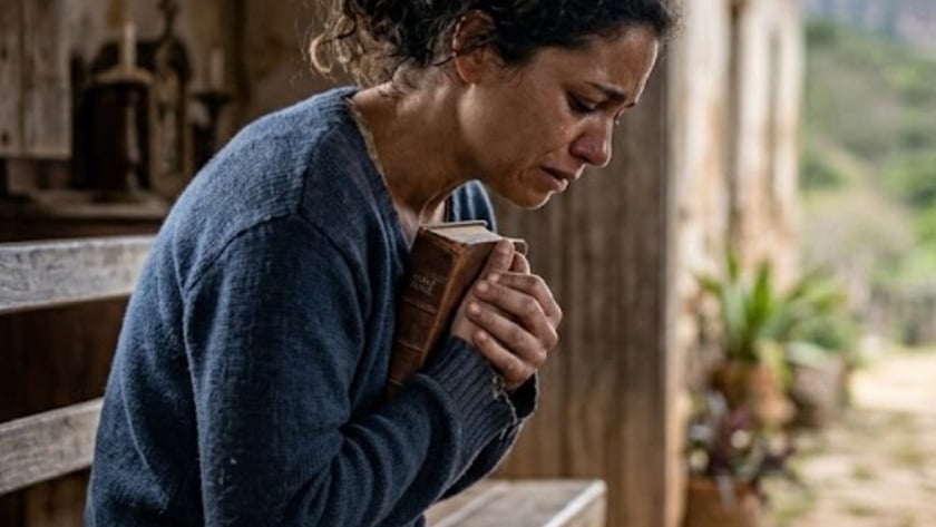 Mulher chorando segura um livro junto ao peito, sentada à porta de uma casa rústica.