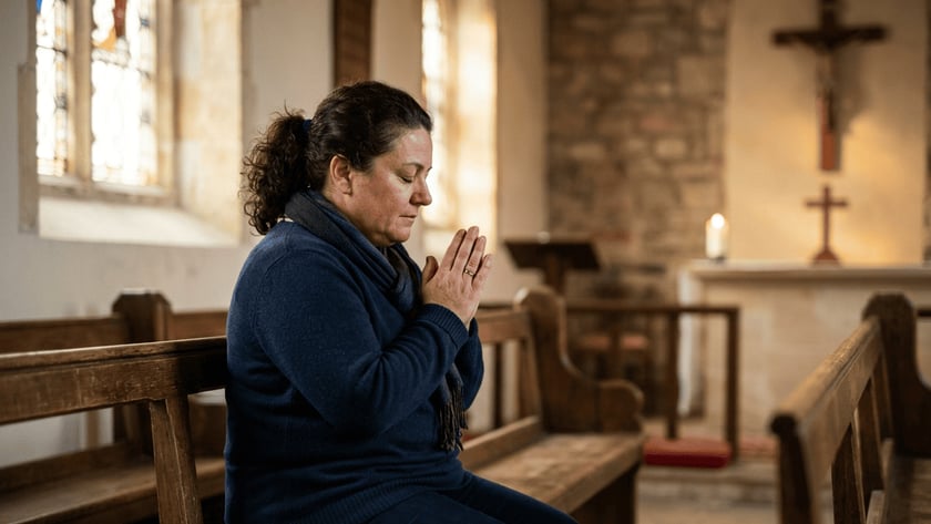 Mulher de suéter azul reza com as mãos juntas em um banco de igreja antiga.