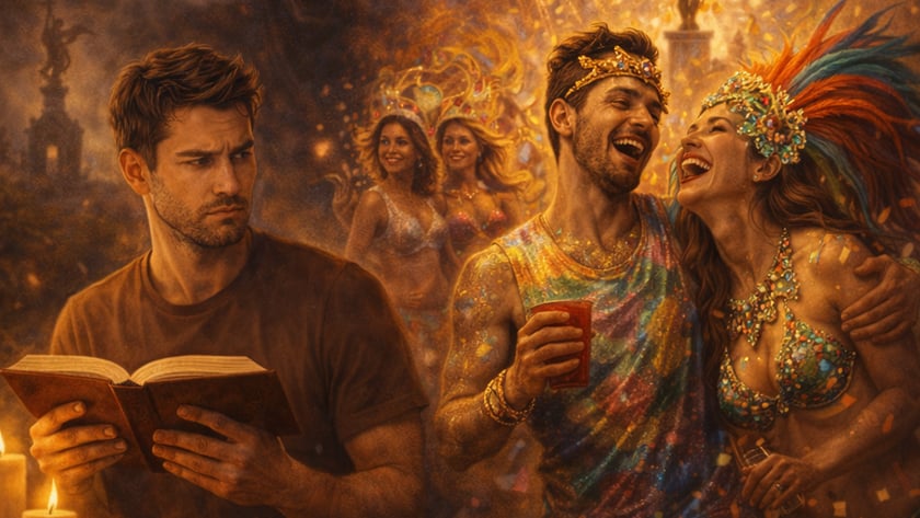 Homem sério lê livro à luz de velas enquanto casal fantasiado ri em festa de carnaval.