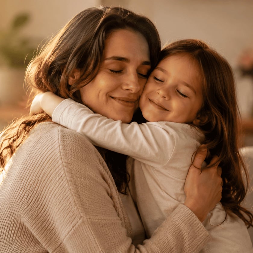 Mulher de cabelos castanhos abraça uma menina sorridente, ambas de olhos fechados, dentro de casa.