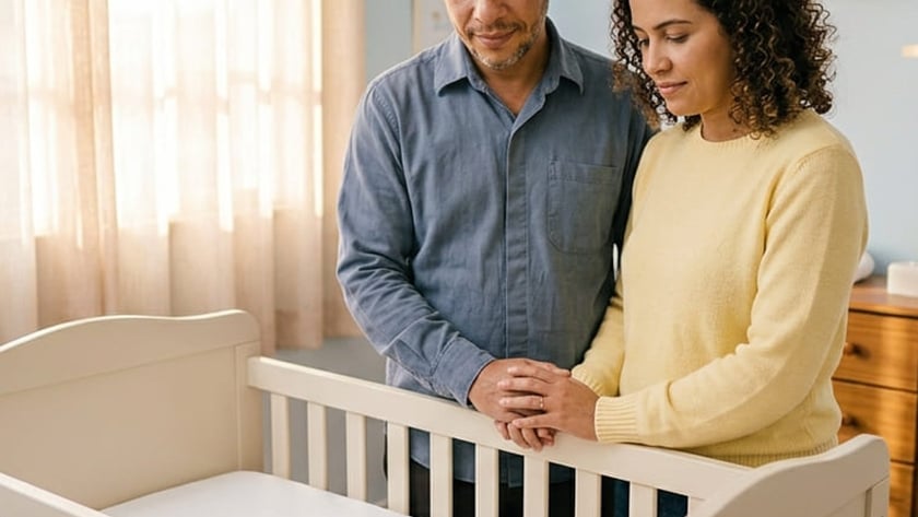 Casal de mãos dadas ao lado de um berço vazio em um quarto de bebê.