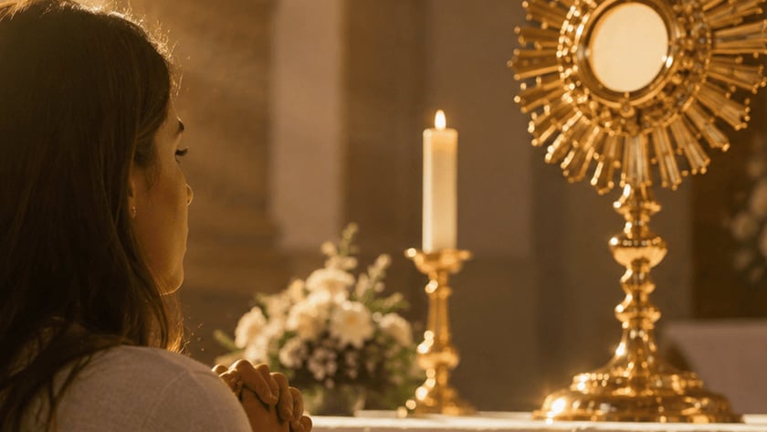 Mulher de cabelos castanhos reza de mãos juntas diante de um ostensório dourado no altar.