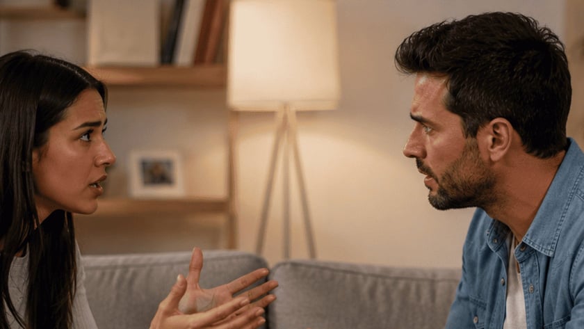 Mulher e homem sentados num sofá cinza conversando, gesticulando com as mãos abertas.