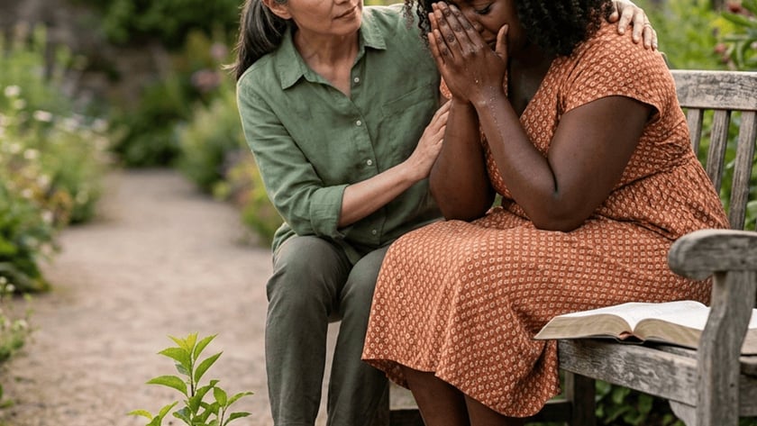 Mulher de cabelos grisalhos consola outra mulher que chora, sentadas em um banco de jardim.