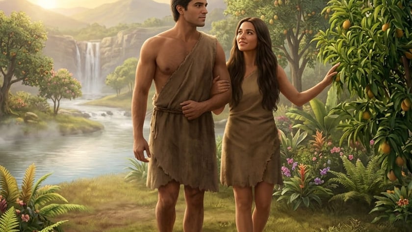 Homem e mulher de túnicas rústicas caminham de braços dados num jardim com cachoeira.