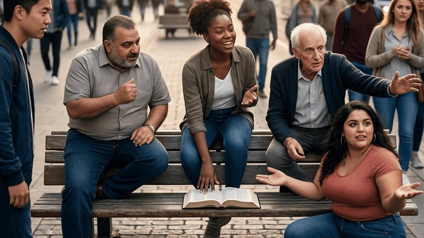 Grupo diverso conversa em um banco de rua, com uma Bíblia aberta, perto de um bonde.