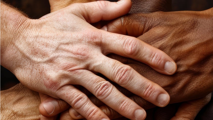 Várias mãos de tons de pele diferentes empilhadas e sobrepostas umas sobre as outras.