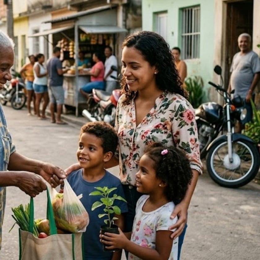 Mulher e duas crianças recebem sacola de verduras de idosa em rua de bairro.