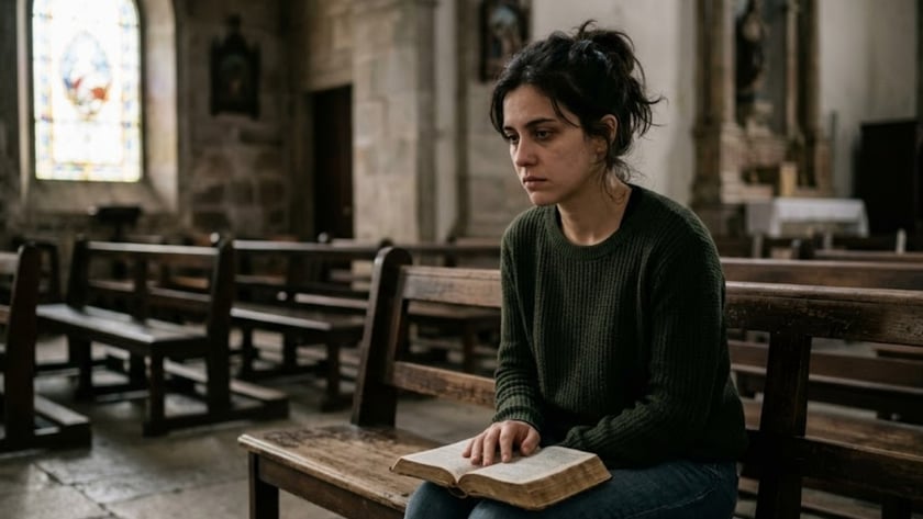 Mulher de cabelo escuro sentada em um banco de igreja, com um livro aberto no colo.