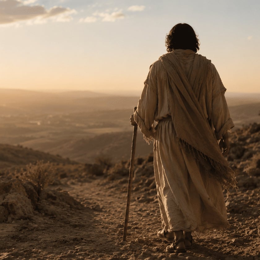 Homem de costas, com túnica clara e cajado, caminha por trilha rochosa em direção ao horizonte.