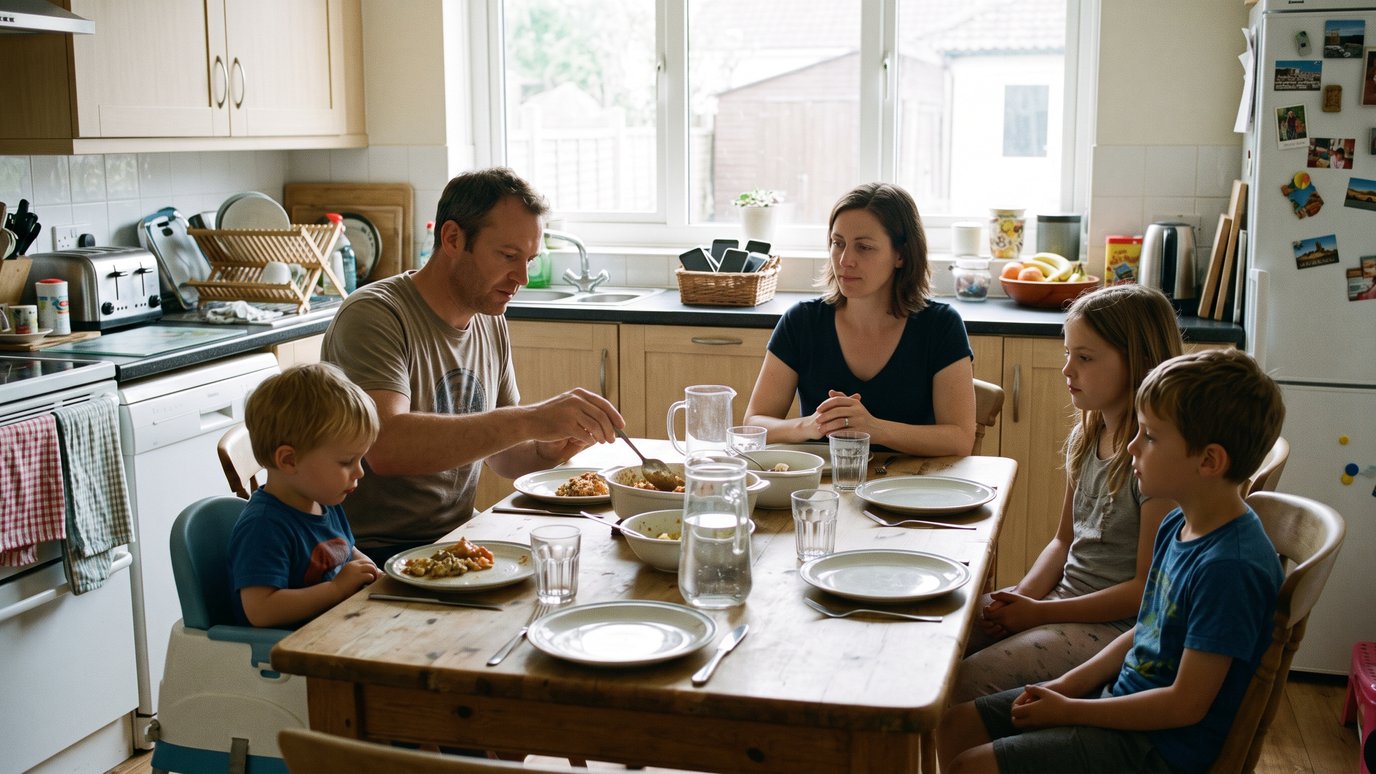 Família com três crianças à mesa da cozinha, enquanto o pai serve a comida nos pratos.