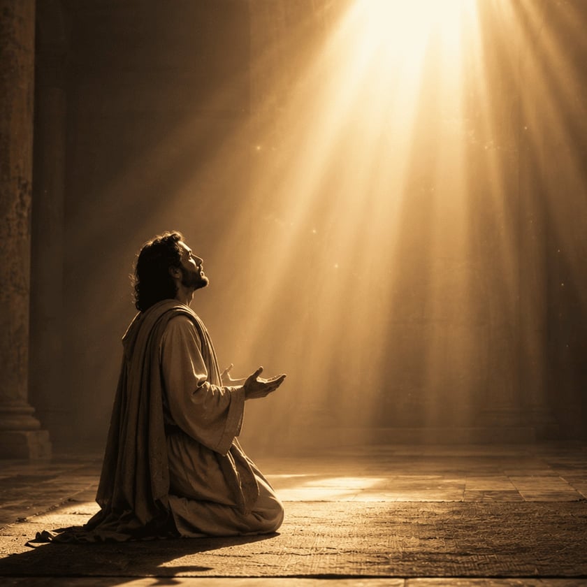 Homem de barba e manto ajoelhado, com as mãos abertas, olha para um feixe de luz.
