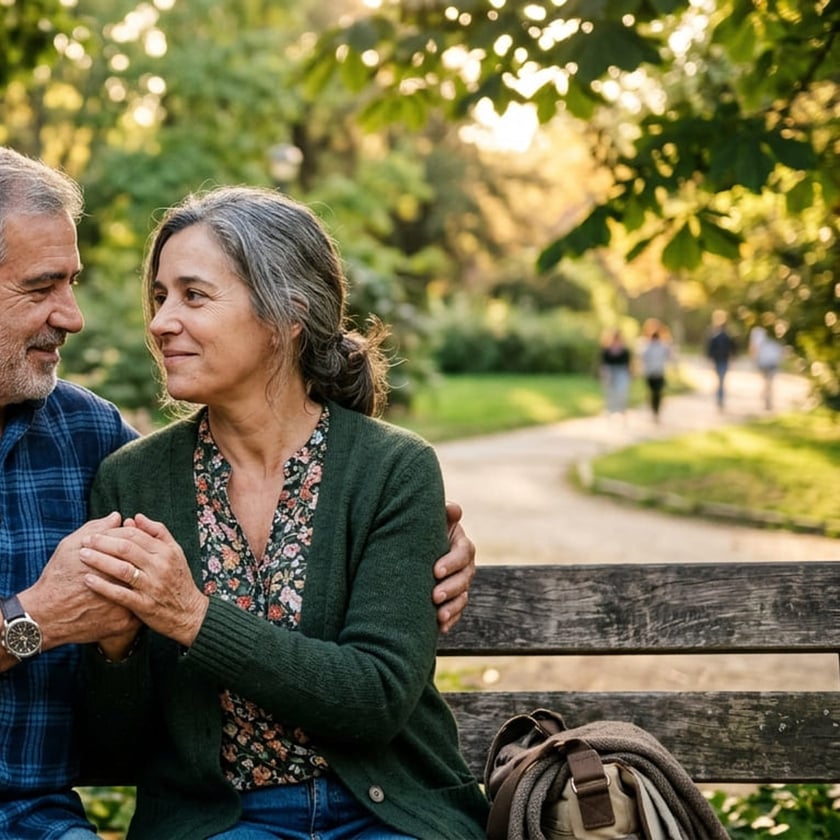 Casal de meia-idade sentado em um banco de parque, de mãos dadas, olhando-se.