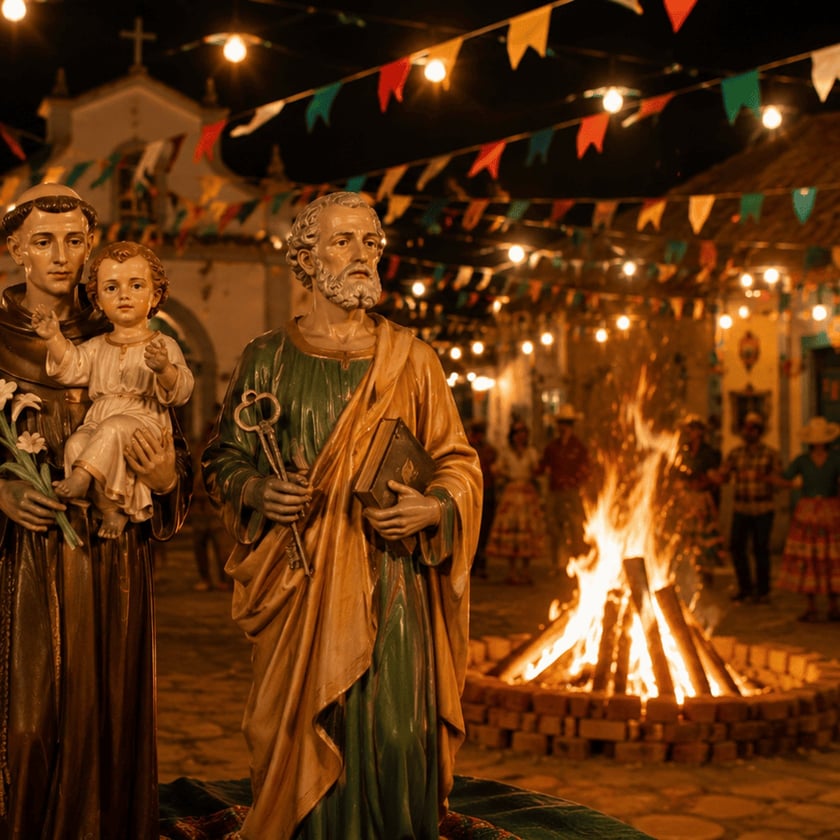Duas estátuas de santos diante de uma fogueira em festa junina numa praça com bandeirinhas.
