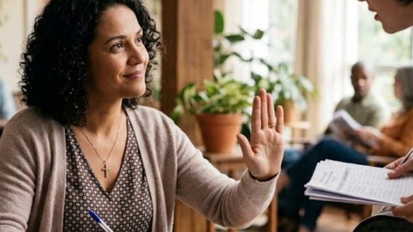 Mulher sentada à mesa com Bíblia e caderno ergue a mão para outra pessoa com papéis.